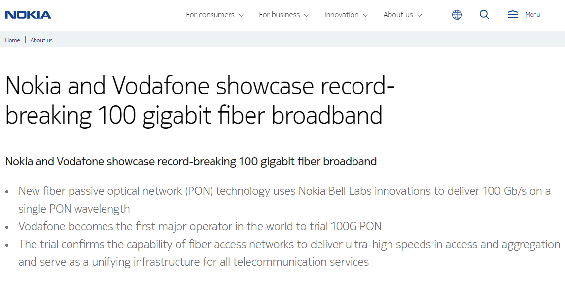 诺基亚和沃达丰成功试验 100Gbps PON 光纤技术，预计 5 年内商用