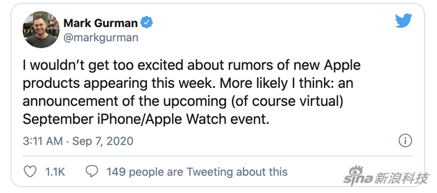 古尔曼坚持认为周二苹果公布的只是发布会时间，而不是新品
