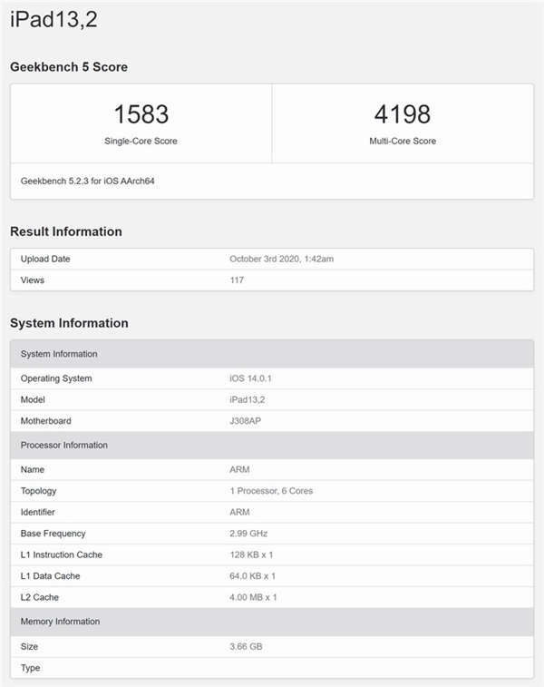 A14首個(gè)GeekBench 跑分曝光：3.0GHz頻率 單核性能比A12快40%