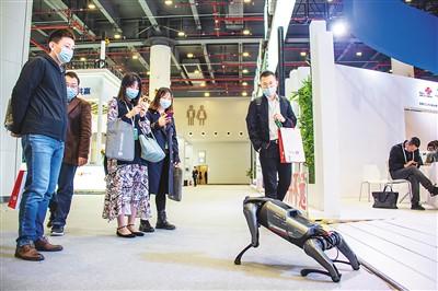 11月20日，参观者在“5G+工业互联网成果展”现场与仿真机器狗互动。伍志尊摄(新华社发)