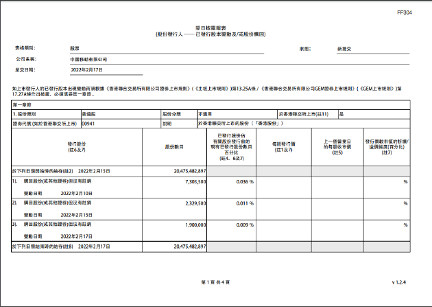 中国移动回购190万股股票 - 中国移动