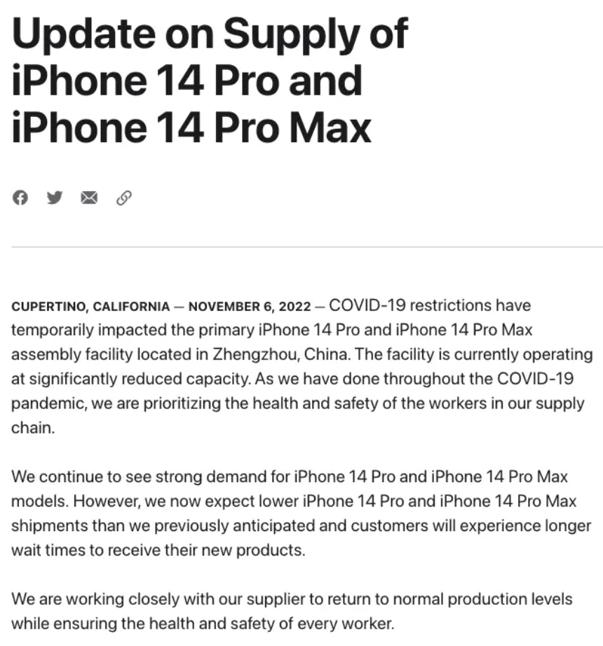 苹果回应郑州工厂：工人安全第一 iPhone产能受限 - 通信终端