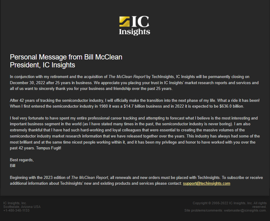 IC Insights宣布：将于12月30日永久关闭 - 国际资讯
