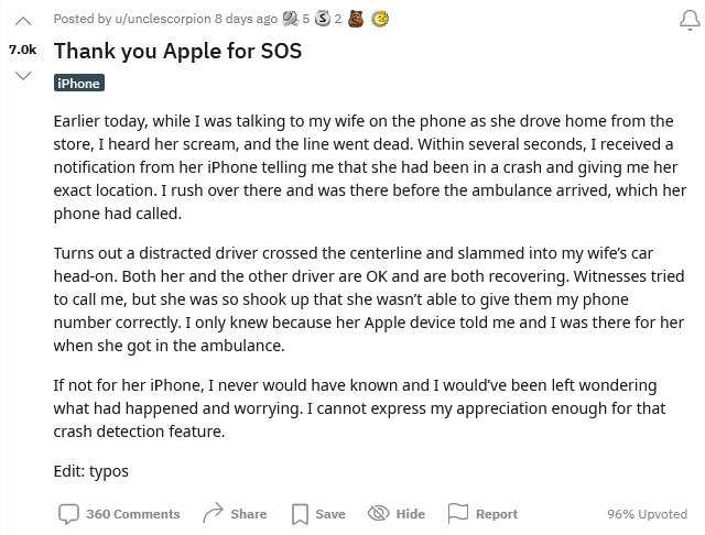 苹果 iPhone 14“车祸检测”功能立功，成功帮助男子救出爱妻 - 通信终端