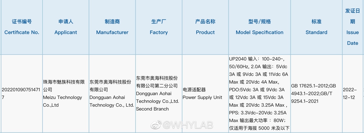 魅族 20 系列充电头通过 3C 认证：最高支持 80W 快充 - 通信终端