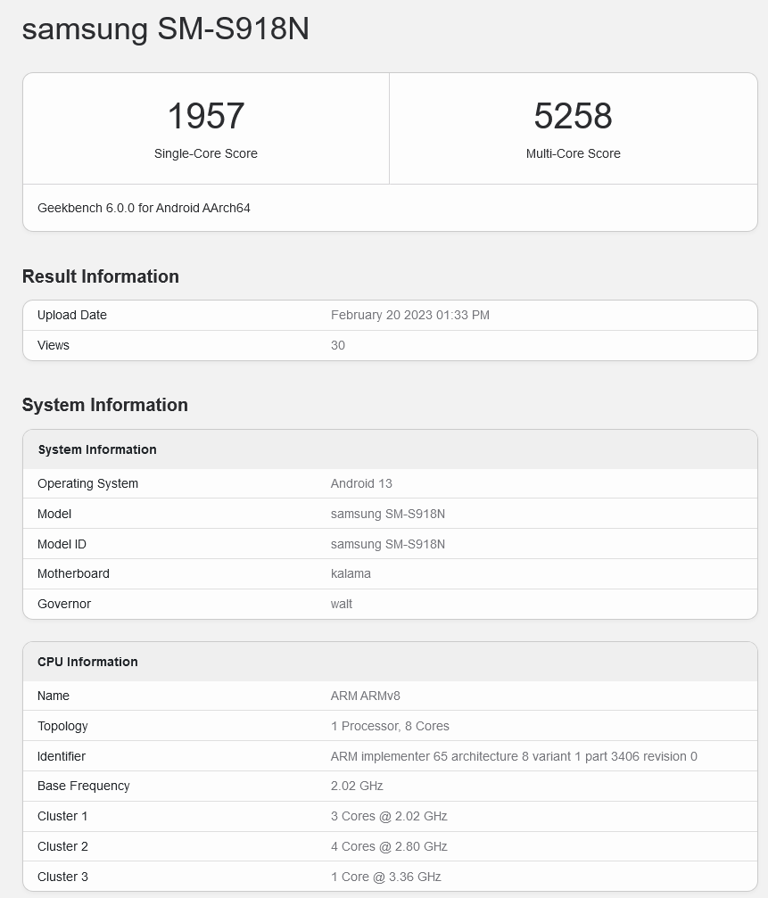 三星 Galaxy S23 Ultra 手机现身 GeekBench v6 跑分库，单核 / 多核成绩均有上涨 - 通信终端