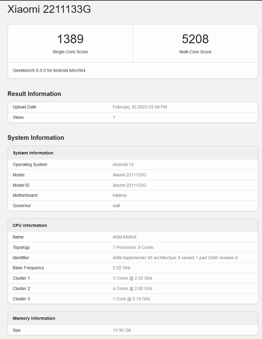 小米 13 国际版手机现身 GeekBench：高通骁龙 8 Gen 2 芯片 + 12GB 内存 - 通信终端