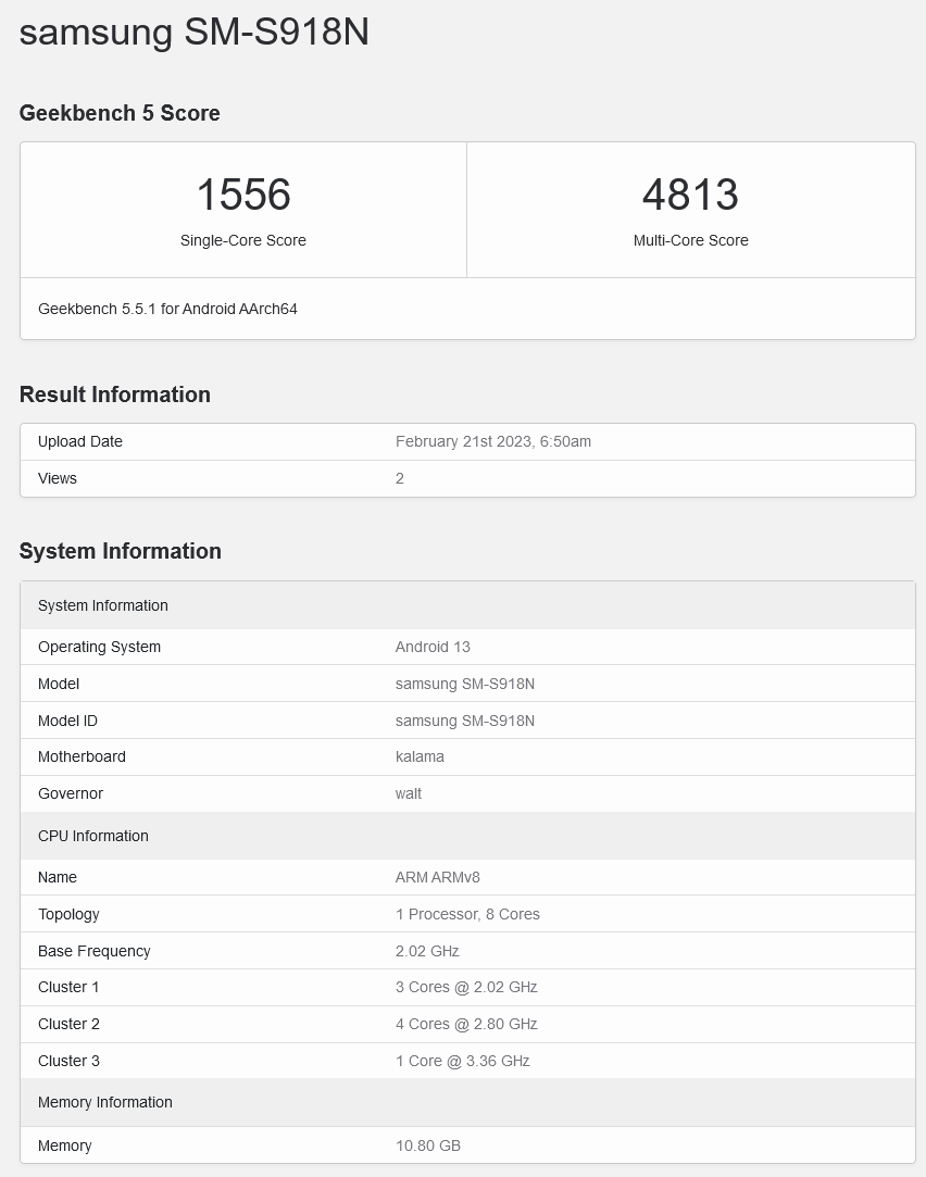 三星 Galaxy S23 Ultra 手机现身 GeekBench v6 跑分库，单核 / 多核成绩均有上涨 - 通信终端