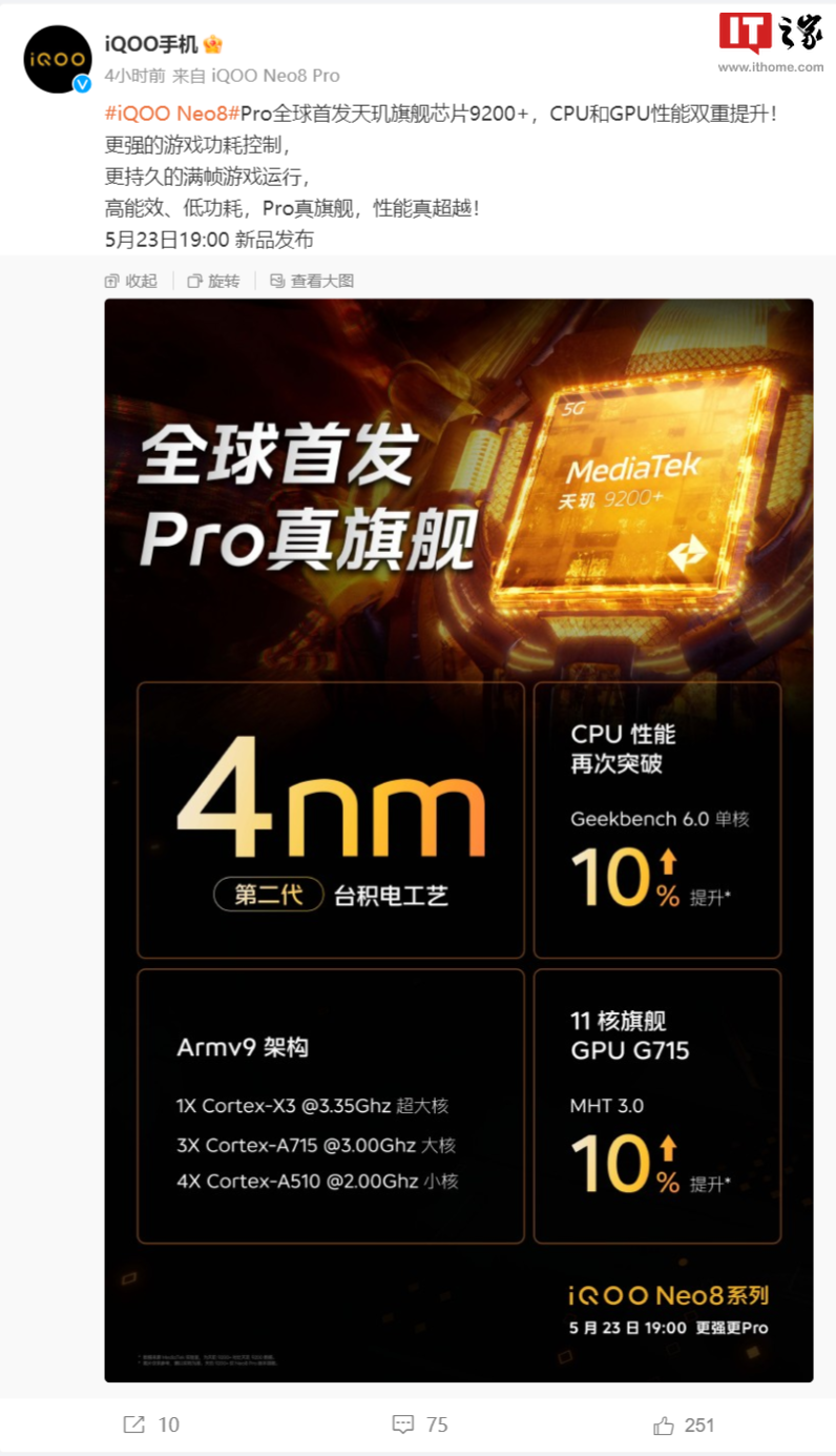 iQOO Neo8 / Pro 系列手机官宣全系搭载 V1+ 自研芯片，支持 144Hz 高帧率 - 通信终端