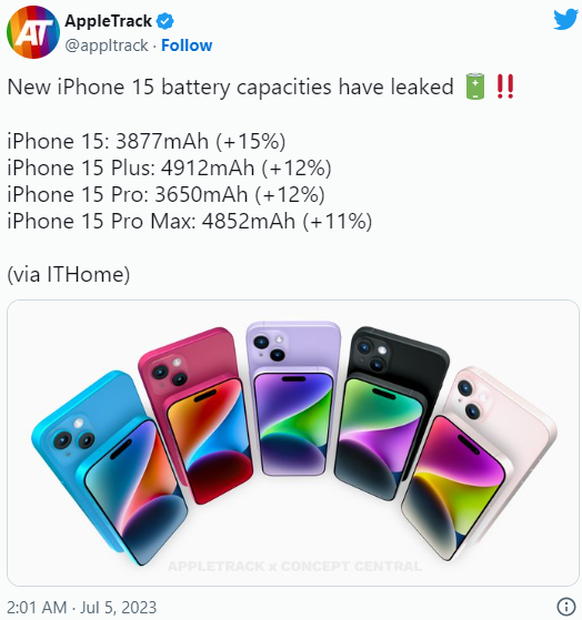 iPhone 15系列据称续航时间提升至多15% - 通信终端