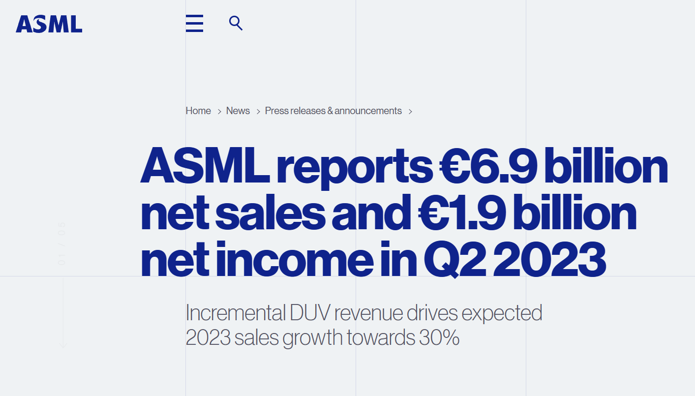 光刻机巨头ASML第二季度净销售额 69 亿欧元，预计今年同比增长 30% - 财报