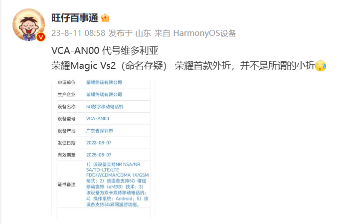 消息称荣耀首款外折屏手机Magic Vs2入网：代号维多利亚，2K 护眼大屏 - 通信终端