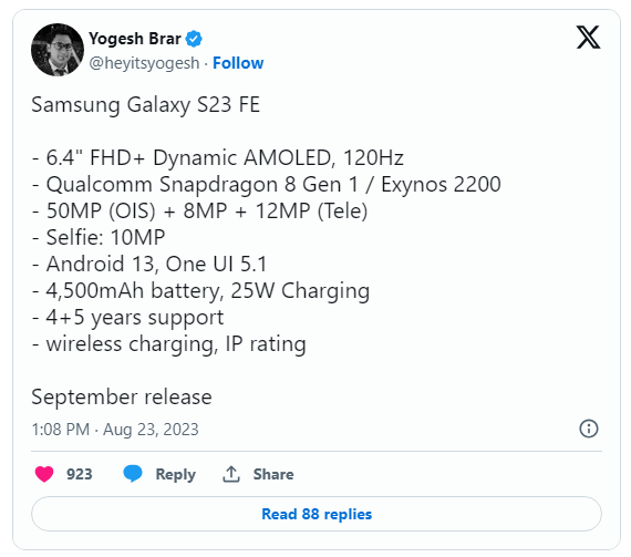 三星Galaxy S23 FE手机现身官网，消息称下月发布 - 通信终端