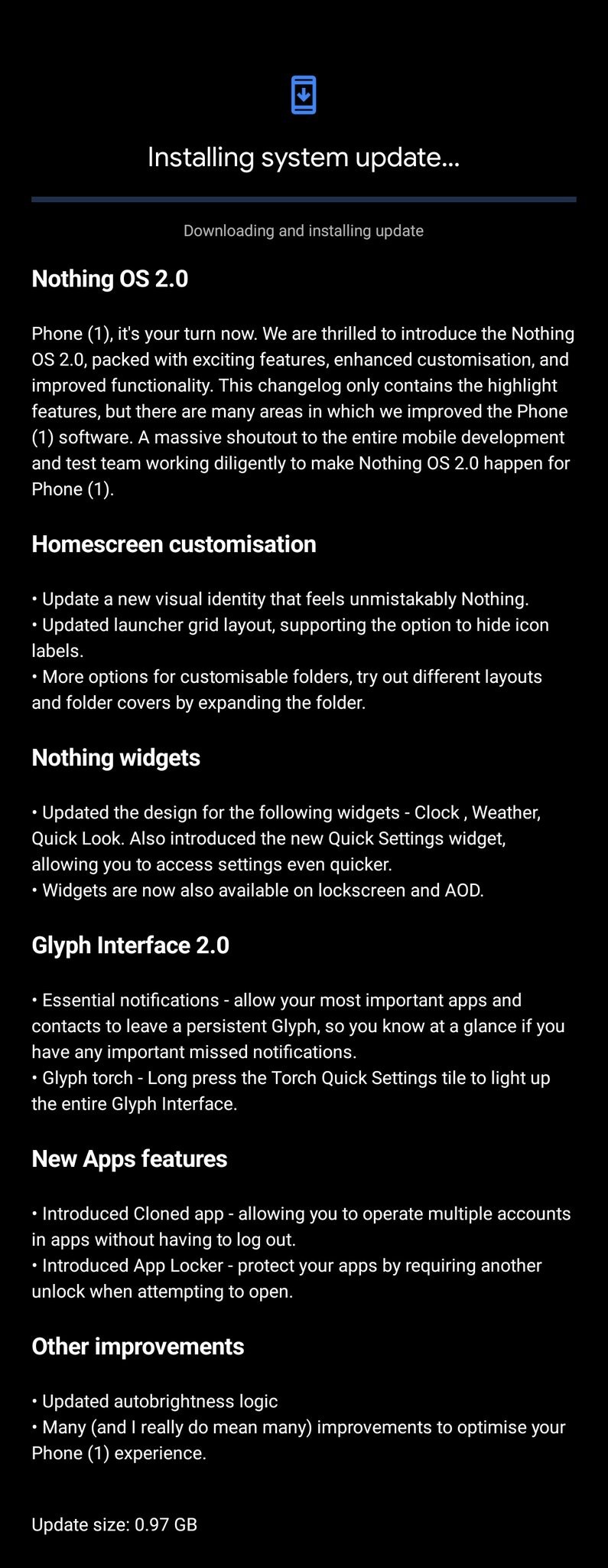 Nothing Phone(1)手机获推NothingOS2.0系统更新，背部灯效升级 - 通信终端