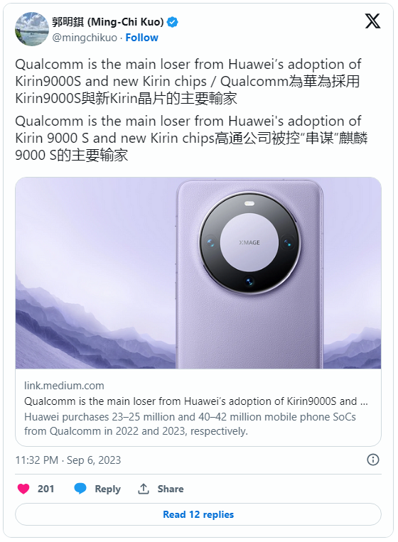 郭明�Z称高通受华为麒麟芯片冲击：最快 23Q4 开始价格战、明年向中国厂商出货 SoC 减少 6000 万枚 - 通信终端