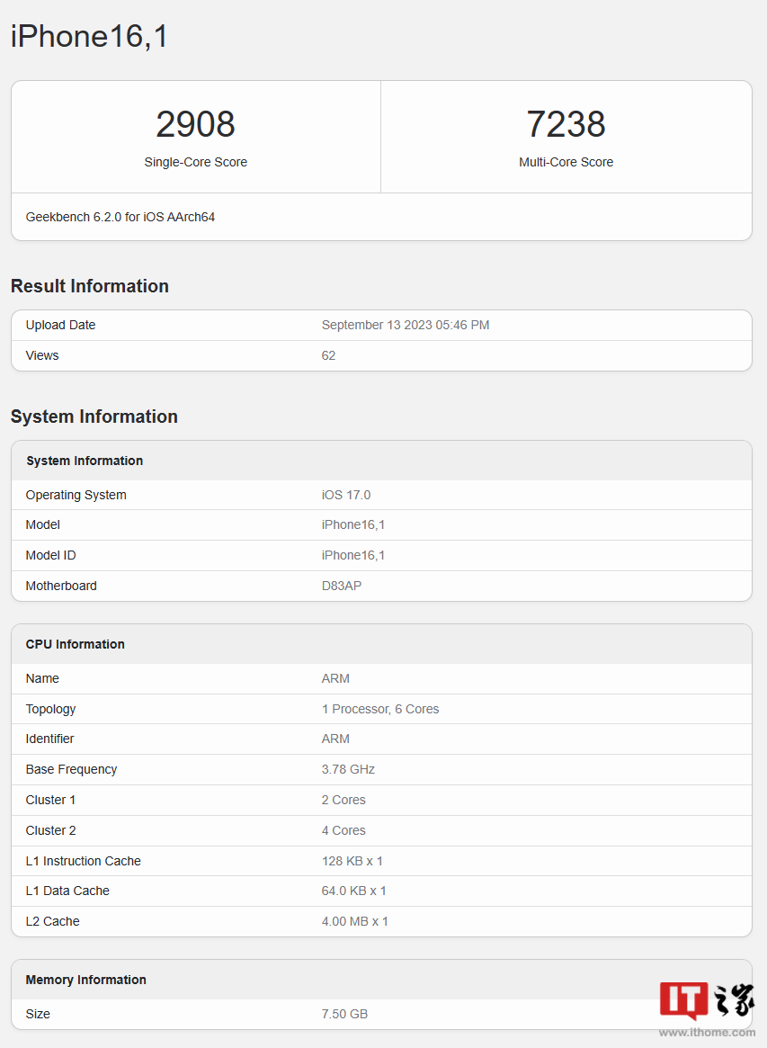 苹果iPhone15 Pro/Max现身 Geekbench：A17 Pro跑分较 A16 提升约 15%，确认 8GB 内存 - 通信终端