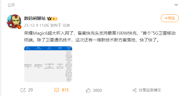 荣耀 Magic 6 Pro 手机入网：配 100W 快充、跟进华为支持卫星通信 - 通信终端