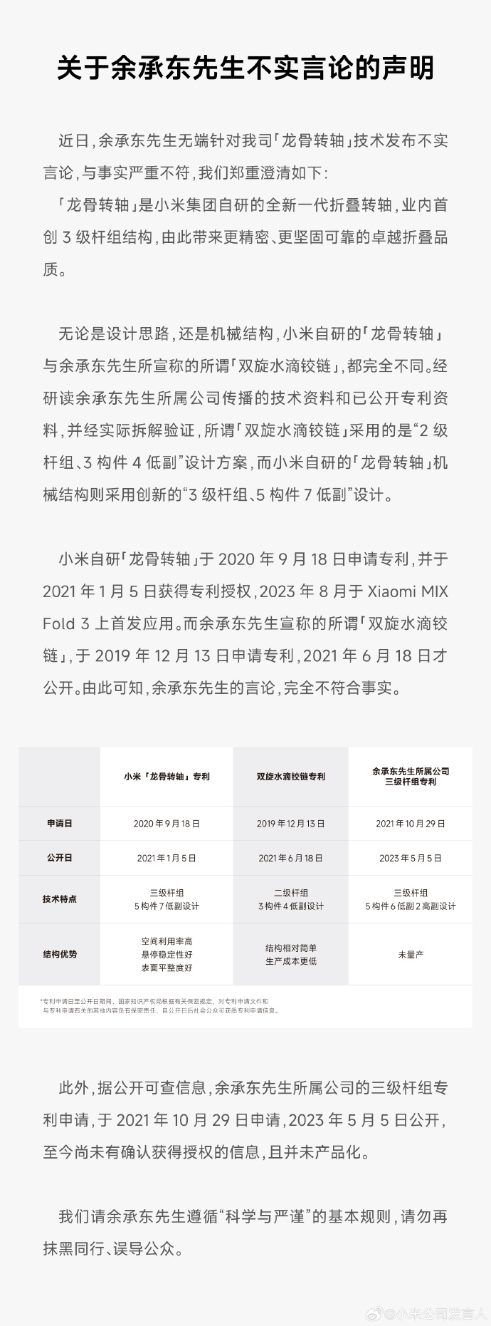 小米公司发言人：余承东无端针对我司龙骨转轴技术，言论与事实严重不符 - 通信终端