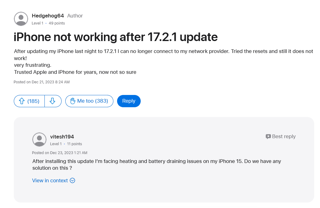 iPhone用户反馈升级苹果iOS 17.2.1后，无法接打电话、蜂窝上网 - 通信终端