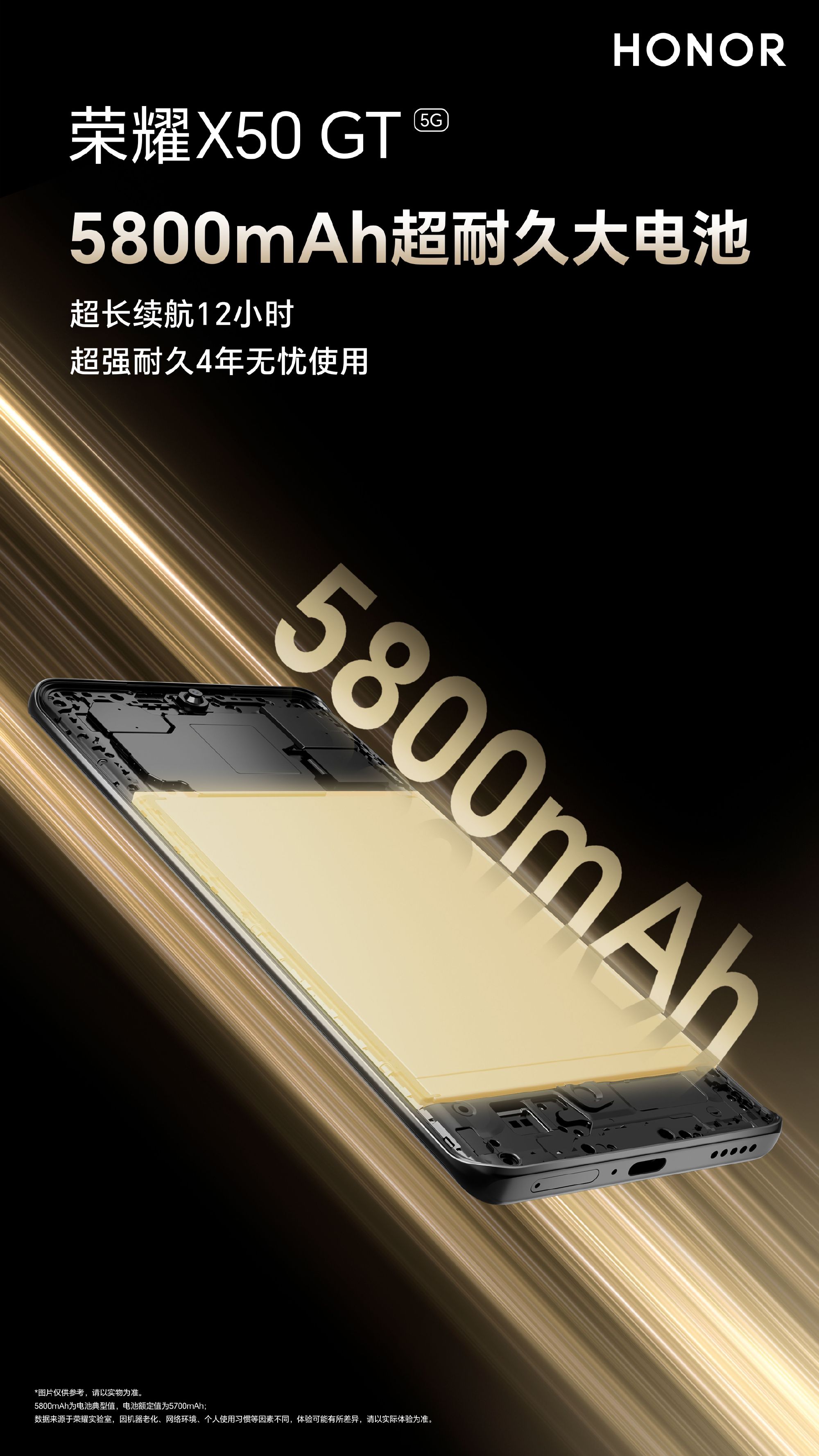 荣耀X50 GT手机搭载5800毫安时“超耐久”电池：号称“单次充电续航12小时、4年无忧使用” - 通信终端