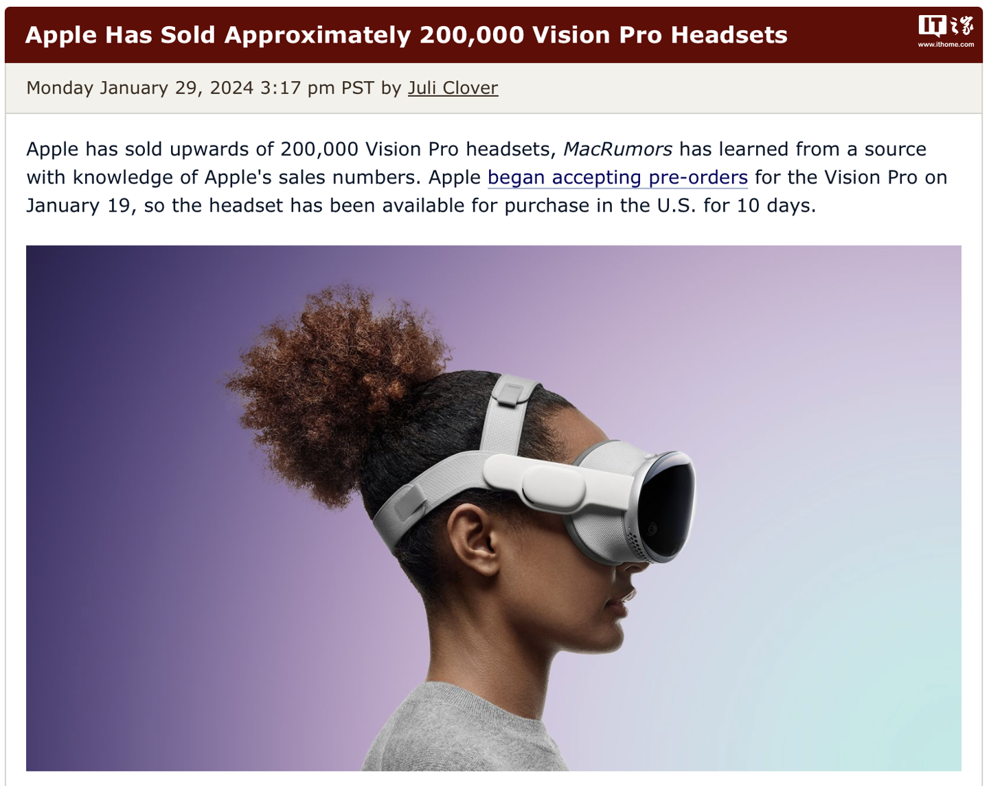 消息称苹果已在美预售超过20万台Vision Pro头显，获6.998亿美元收入 - 通信终端