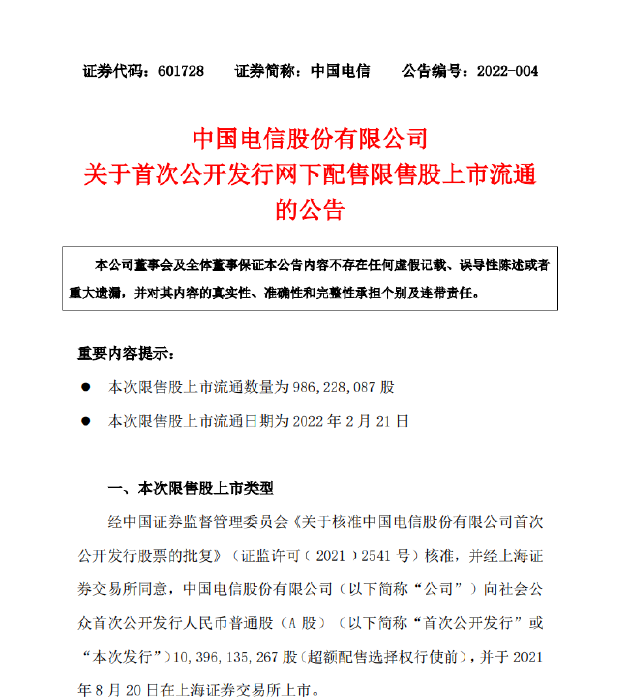中国电信：9.86亿股首次发行A股限售股即将上市流通 - 中国电信